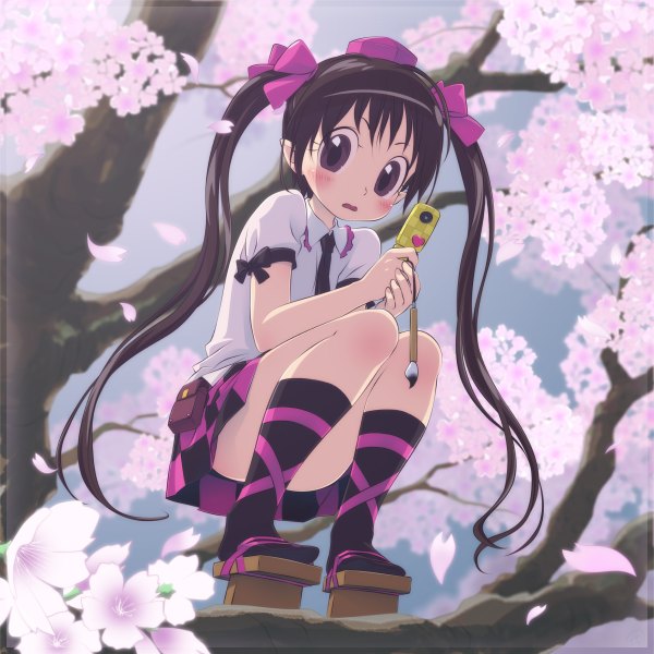 Anime picture 1200x1200 with touhou himekaidou hatate ah-negitorow single long hair blush light erotic black hair twintails brown eyes cherry blossoms checkered skirt girl skirt flower (flowers) bow plant (plants) hair bow miniskirt petals
