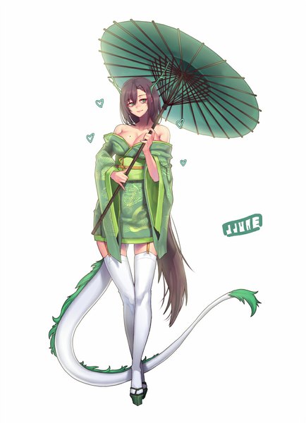 Anime picture 768x1060 with original jjune single tall image fringe breasts light erotic simple background smile brown hair large breasts standing white background bare shoulders holding green eyes signed looking away tail long sleeves