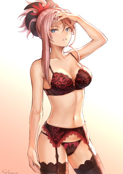 Anime-Bild 1302x1842 mit fate (series) fate/grand order miyamoto musashi (fate) mashuu (neko no oyashiro) single long hair tall image looking at viewer blush fringe breasts blue eyes light erotic simple background hair between eyes standing signed pink hair cleavage underwear only