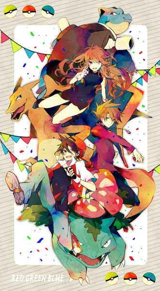 Anime picture 800x1449 with pokemon pokemon special nintendo red (pokemon) charizard green (pokemon) venusaur blue (pokemon) blastoise sagatsu (miicat) long hair tall image looking at viewer short hair open mouth blue eyes smile red eyes brown hair green eyes