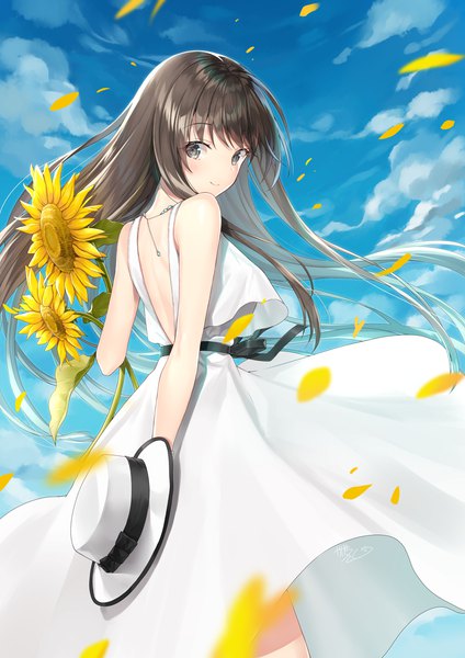 Anime picture 2121x3000 with original kagachi saku single long hair tall image looking at viewer blush fringe highres smile brown hair standing bare shoulders sky cloud (clouds) blunt bangs looking back wind black eyes back