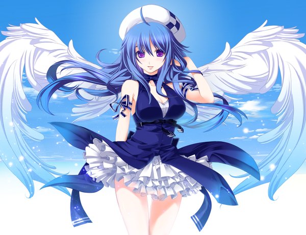 Anime picture 1500x1154 with pangya arin yuuki kira single long hair hair between eyes purple eyes blue hair ahoge girl ribbon (ribbons) hat wings