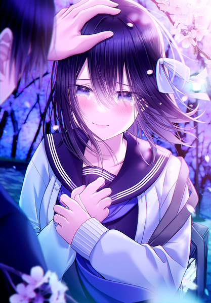 Anime picture 3086x4437 with original kuro namako long hair tall image blush fringe highres blue eyes black hair smile hair between eyes looking away absurdres upper body outdoors long sleeves tears hand on chest spring happy tears