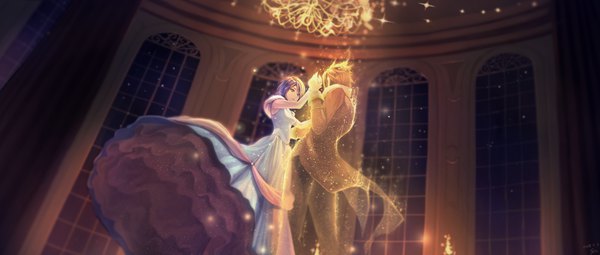 Anime picture 4000x1700 with kingdom hearts beauty and the beast square enix disney aqua (kingdom hearts) terra (kingdom hearts) gogo (detteiu de) highres short hair open mouth wide image purple eyes purple hair indoors from below depth of field ghost dancing girl dress