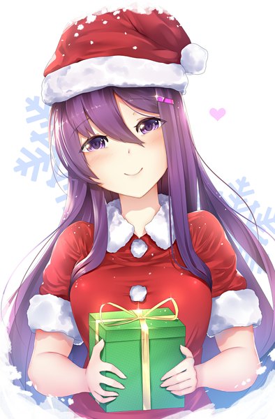 Anime picture 2100x3200 with doki doki literature club yuri (doki doki literature club) tsukimaru single long hair tall image looking at viewer blush fringe highres smile hair between eyes purple eyes holding payot purple hair upper body head tilt sparkle short sleeves