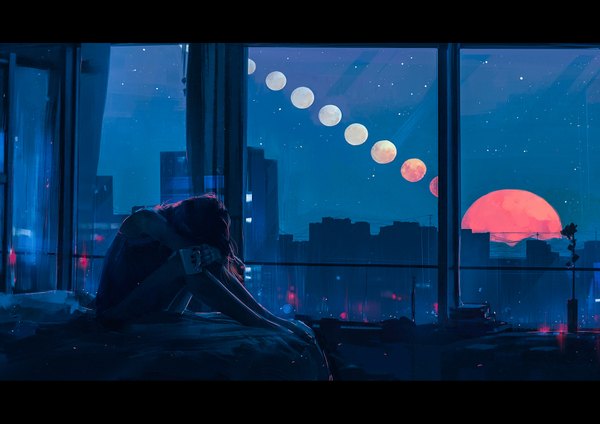 Anime picture 1700x1204 with original aenami single long hair black hair sitting bare shoulders holding full body indoors night bare legs night sky crossed arms red moon girl flower (flowers) window rose (roses) book (books)