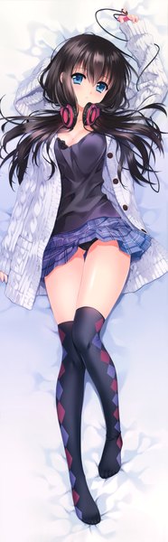 Anime picture 2283x7352 with original carnelian single long hair tall image highres blue eyes light erotic black hair pantyshot dakimakura (medium) girl thighhighs skirt underwear panties miniskirt headphones