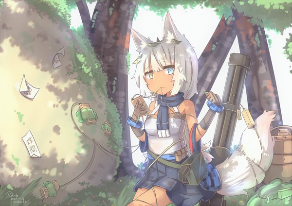 Anime picture 3508x2480 with original hinbackc single long hair looking at viewer fringe highres blue eyes holding signed animal ears yellow eyes absurdres outdoors white hair tail blunt bangs animal tail pleated skirt fox ears