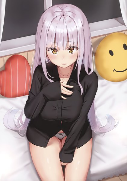 Anime picture 2524x3600 with original reinama single long hair tall image looking at viewer blush fringe highres breasts light erotic hair between eyes large breasts sitting yellow eyes payot silver hair indoors from above scan