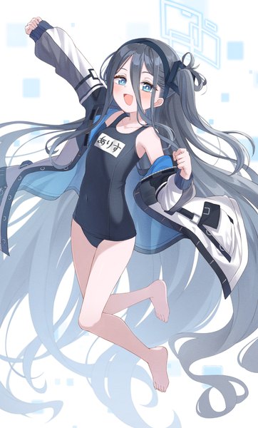 Anime picture 2296x3804 with blue archive aris (blue archive) warojiku single long hair tall image looking at viewer blush fringe highres open mouth blue eyes light erotic black hair simple background smile hair between eyes white background full body bent knee (knees)