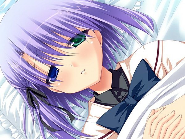 Anime picture 1024x768 with sacred vampire (game) short hair game cg purple hair lying heterochromia girl uniform ribbon (ribbons) hair ribbon school uniform bowtie