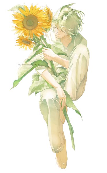 Anime picture 780x1261 with original re (artist) single tall image fringe short hair simple background smile hair between eyes white background sitting holding signed silver hair bent knee (knees) eyes closed barefoot boy flower (flowers) sunflower