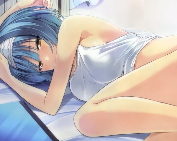 Anime picture 1600x1280 with shinmai maou no testament production ims nonaka yuki pierre yoshio single looking at viewer blush fringe short hair breasts light erotic large breasts brown eyes blue hair lying arm behind head cropped girl hairband