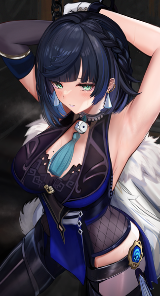 Anime picture 2044x3781 with genshin impact yelan (genshin impact) efuri (riarea00) single tall image looking at viewer blush fringe highres short hair breasts light erotic black hair large breasts standing green eyes blunt bangs braid (braids) parted lips from above