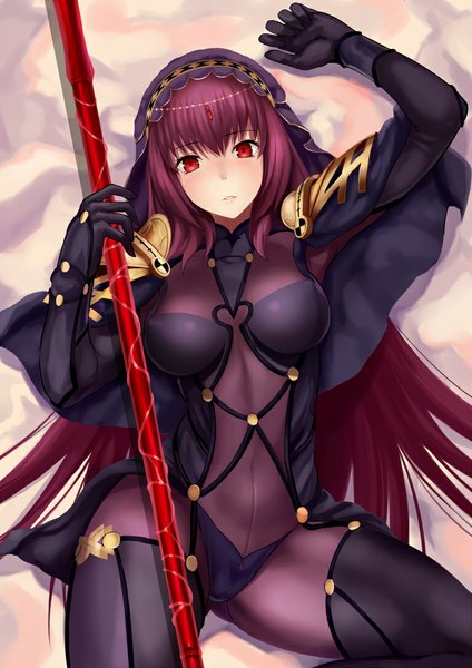 Anime picture 800x1131 with fate (series) fate/grand order type-moon scathach (fate) (all) scathach (fate) jilllxlxl single long hair tall image looking at viewer blush fringe breasts open mouth light erotic red eyes purple hair nipples lying thighs