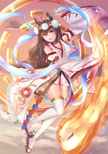 Anime picture 2601x3679 with original f (milfaaaaa) single long hair tall image looking at viewer blush fringe highres open mouth hair between eyes red eyes brown hair bare shoulders animal ears payot full body bent knee (knees) tail traditional clothes