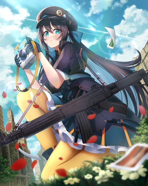 Anime picture 2552x3200 with girls frontline fara 83 (girls frontline) numaguro (tomokun0808) single long hair tall image looking at viewer blush fringe highres blue eyes black hair hair between eyes holding sky cloud (clouds) bent knee (knees) outdoors multicolored hair wind