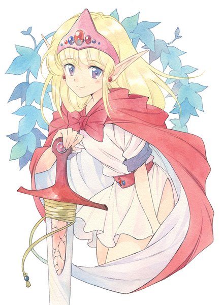 Anime picture 586x800 with monster maker lorien (monster maker) agahari single long hair tall image fringe blonde hair smile white background purple eyes looking away pointy ears leaning leaning forward traditional media watercolor (medium) girl dress weapon