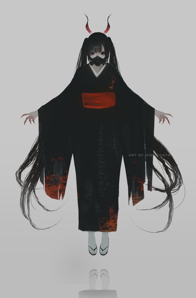 Anime picture 1698x2578 with original aoi ogata single tall image looking at viewer fringe black hair simple background twintails signed full body very long hair traditional clothes japanese clothes horn (horns) fingernails black eyes grey background wide sleeves watermark
