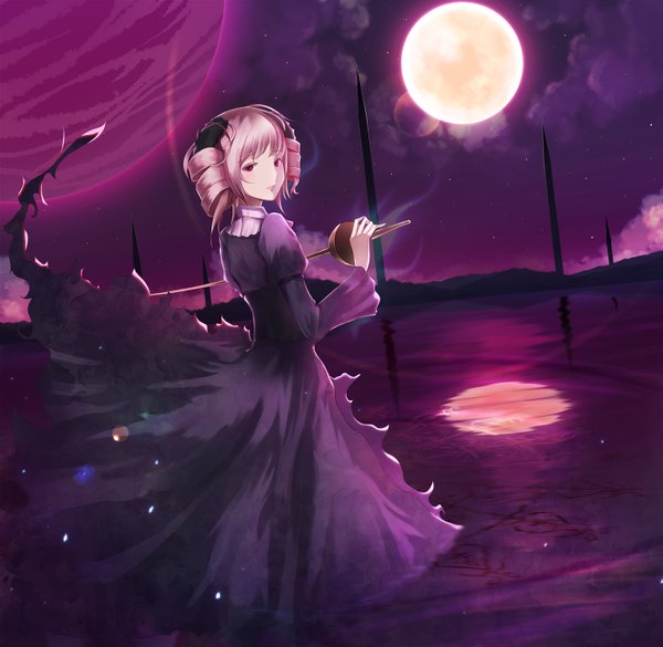 Anime picture 1453x1418 with original jname single short hair pink hair sky cloud (clouds) pink eyes looking back from behind torn clothes drill hair reflection girl dress weapon water moon star (stars) full moon