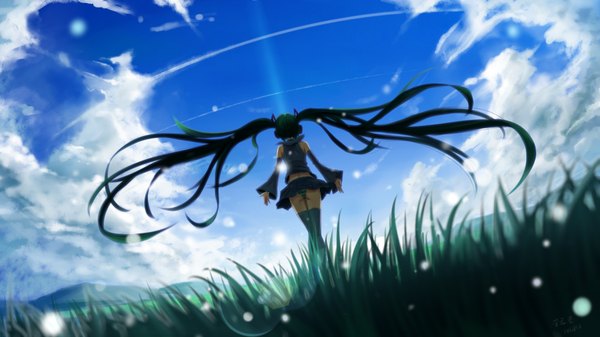 Anime picture 1920x1080 with vocaloid hatsune miku xiaoyin li highres light erotic wide image twintails sky cloud (clouds) very long hair from behind aqua hair pantyshot girl thighhighs skirt underwear panties plant (plants) grass