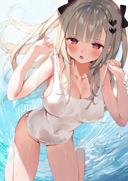Anime picture 2893x4092 with original gaou (umaiyo puyoman) single long hair tall image looking at viewer blush fringe highres breasts open mouth light erotic blonde hair red eyes large breasts lying blunt bangs wet on back two side up