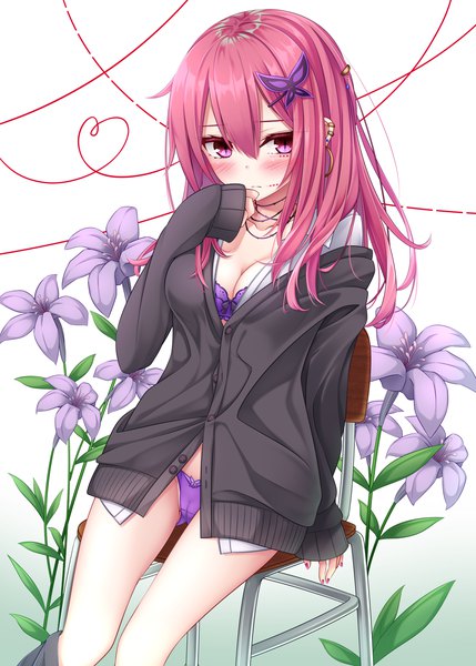 Anime picture 1072x1500 with original yoye (pastel white) single long hair tall image blush fringe breasts light erotic simple background hair between eyes purple eyes looking away pink hair cleavage nail polish fingernails off shoulder gradient background piercing