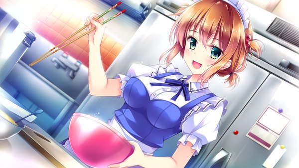 Anime picture 1920x1080 with golden marriage ensemble (studio) tange kasumi hayakawa harui single looking at viewer blush highres short hair open mouth blue eyes smile brown hair wide image holding game cg :d maid happy cooking