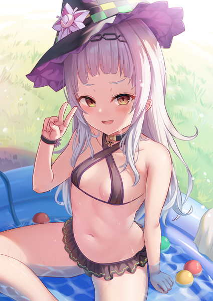 Anime picture 2294x3238 with virtual youtuber hololive murasaki shion murasaki shion (3rd costume) shimokirin single long hair tall image looking at viewer blush highres breasts open mouth light erotic smile sitting brown eyes silver hair outdoors :d