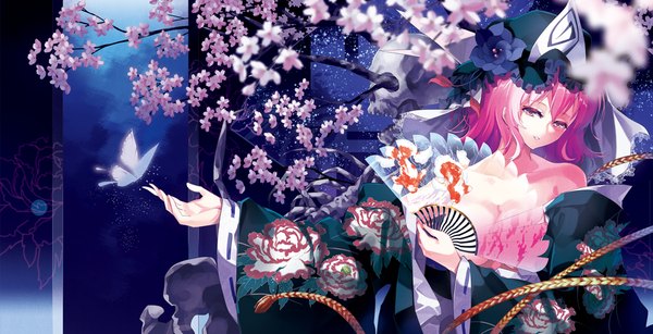 Anime picture 1200x614 with touhou saigyouji yuyuko tsurukame single looking at viewer short hair light erotic wide image purple eyes bare shoulders pink hair girl dress flower (flowers) insect butterfly bonnet fan