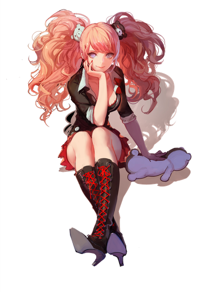 Anime picture 1700x2403 with dangan ronpa enoshima junko ask (askzy) orihimeyuuka single long hair tall image breasts blue eyes blonde hair large breasts sitting twintails pink hair full body light smile transparent background lacing partially open clothes rendered