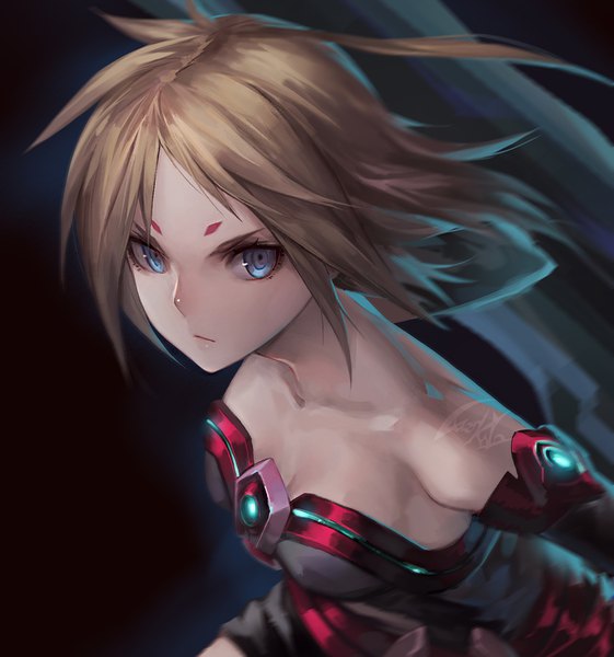 Anime picture 1000x1069 with original luen kulo single tall image looking at viewer fringe short hair breasts blue eyes blonde hair signed cleavage upper body off shoulder floating hair face girl detached sleeves