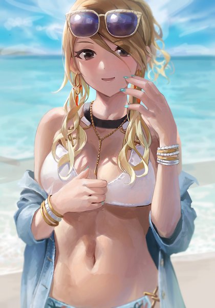 Anime picture 1168x1668 with idolmaster idolmaster shiny colors izumi mei suketoudara (artist) single long hair tall image looking at viewer fringe breasts open mouth light erotic blonde hair smile hair between eyes large breasts standing brown eyes sky cloud (clouds)