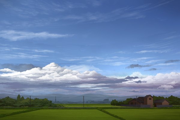 Anime picture 1500x1000 with original juuyonkou sky cloud (clouds) no people landscape scenic nature field plant (plants) tree (trees) house farm