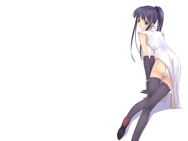 Anime picture 1600x1200 with murakami suigun single long hair blush fringe light erotic black hair simple background white background purple eyes ponytail looking back from behind pantyshot wallpaper chinese clothes girl thighhighs underwear panties