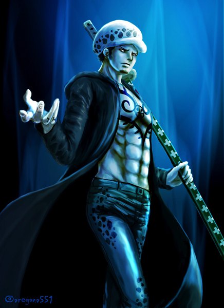 Anime picture 1290x1774 with one piece toei animation trafalgar law oregano551 single tall image looking at viewer short hair black hair simple background standing holding signed black eyes open clothes tattoo twitter username piercing ear piercing muscle