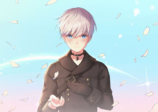 Anime picture 1200x849 with nier nier:automata yorha no. 9 type s yuzhi single looking at viewer blush fringe short hair blue eyes simple background smile hair between eyes silver hair upper body hand on chest blue background outstretched hand double buttons boy