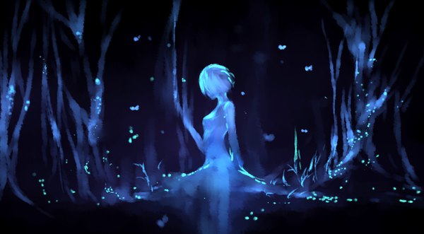 Anime picture 2500x1380 with original nanfe single highres short hair wide image standing bare shoulders blue hair silhouette abstract girl dress plant (plants) tree (trees) blue dress