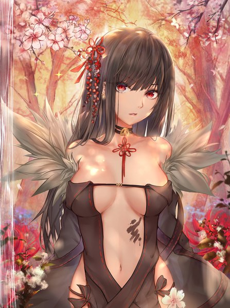 Anime picture 1643x2202 with fate (series) fate/grand order yu mei-ren (fate) luminous single long hair tall image looking at viewer fringe breasts light erotic black hair hair between eyes red eyes large breasts standing bare shoulders payot upper body outdoors