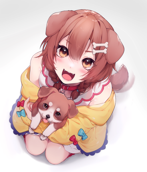 Anime picture 1200x1400 with virtual youtuber hololive inugami korone mazamuno single long hair tall image looking at viewer blush fringe open mouth simple background smile hair between eyes brown hair white background sitting holding brown eyes animal ears