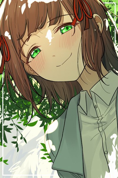 Anime picture 2000x3000 with idolmaster idolmaster (classic) amami haruka liu chi tiantang fr single tall image looking at viewer blush fringe highres short hair smile brown hair green eyes upper body outdoors blunt bangs sunlight framed girl