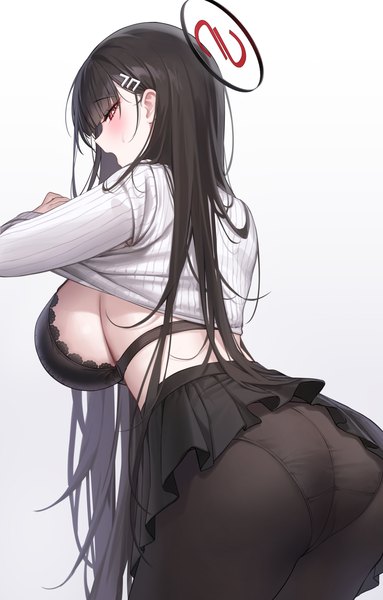 Anime picture 3000x4700 with blue archive rio (blue archive) raki kr single long hair tall image blush fringe highres breasts open mouth light erotic black hair simple background red eyes large breasts standing blunt bangs profile pleated skirt