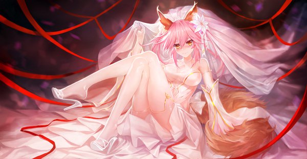 Anime picture 2768x1440 with fate (series) fate/extra tamamo (fate) (all) tamamo no mae (fate) zhuore zhi hen single long hair looking at viewer blush fringe highres light erotic hair between eyes wide image sitting twintails bare shoulders brown eyes animal ears payot