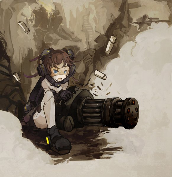 Anime picture 1216x1254 with nekotewi single tall image fringe highres short hair open mouth blue eyes simple background brown hair sitting holding casing ejection girl gloves weapon headphones gun goggles shell casing
