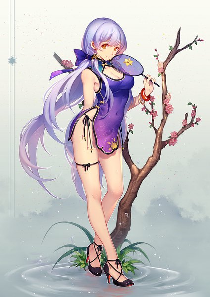 Anime picture 849x1200 with vocaloid xingchen tidsean single tall image looking at viewer fringe breasts light erotic smile large breasts bare shoulders holding yellow eyes cleavage purple hair full body bent knee (knees) very long hair traditional clothes
