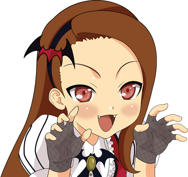 Anime picture 3001x2826 with idolmaster idolmaster (classic) minase iori dekodere ashijiru p single long hair blush highres open mouth smile brown hair absurdres teeth fang (fangs) transparent background vector vampire my dear vampire girl