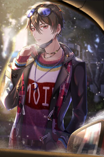 Anime picture 1000x1500 with original byuey single tall image looking at viewer fringe short hair black hair hair between eyes red eyes standing sunlight open clothes mole mole under eye piercing ear piercing snowing exhalation hand in pocket