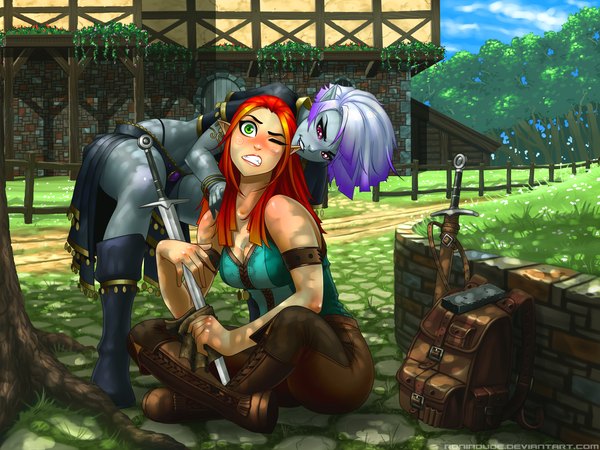 Anime picture 4000x3000 with ronin dude (ray cornwell) long hair blush highres short hair multiple girls green eyes absurdres red hair one eye closed pink eyes multicolored hair pointy ears wink two-tone hair elf girl 2 girls boots