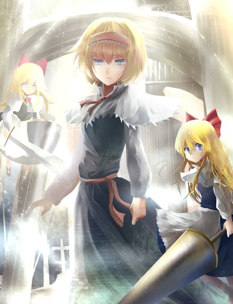 Anime picture 1450x1891 with touhou alice margatroid hizagawa rau tall image short hair blue eyes blonde hair indoors frown tsurime girl dress bow ribbon (ribbons) weapon hair bow sword hairband mantle shield