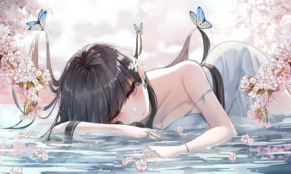 Anime picture 5000x3000 with original ueng single long hair blush fringe highres breasts light erotic black hair wide image looking away absurdres lying pink eyes hair flower partially submerged cherry blossoms on side girl